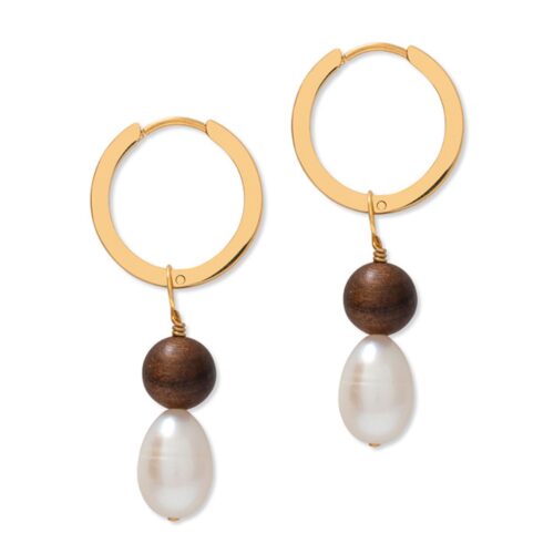 Gold Large Pearl & Wooden Hoops
