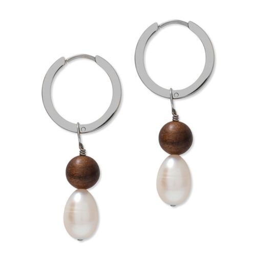 Silver Large Pearl & Wooden Hoops