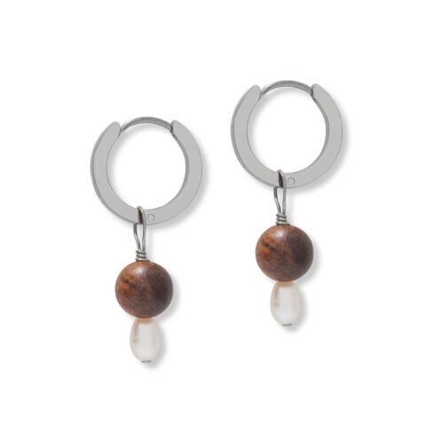 Silver Small Pearl & Wooden Hoops
